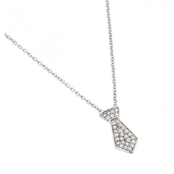 Silver 925 Rhodium Plated Clear CZ Tie Pendant Necklace