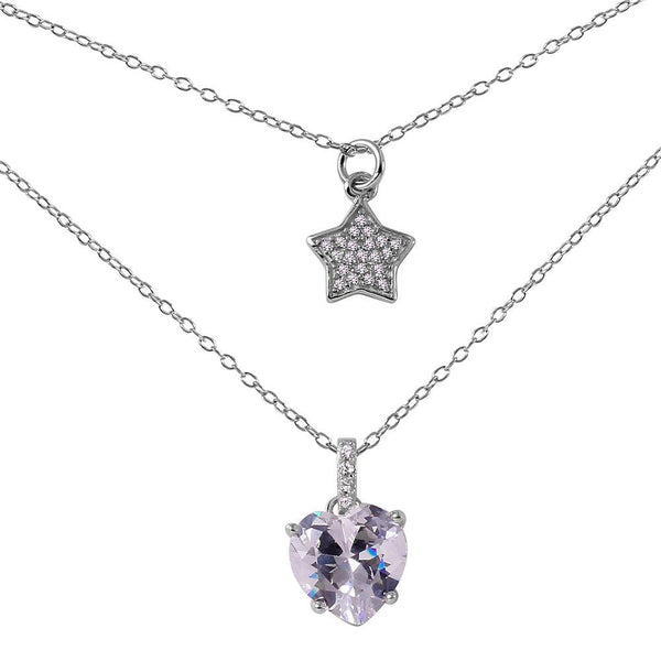 Silver 925 Rhodium Plated Star Heart CZ Necklace