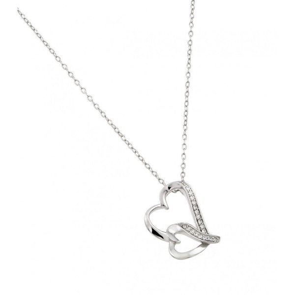 Silver 925 Rhodium Plated Double Heart CZ Pendant