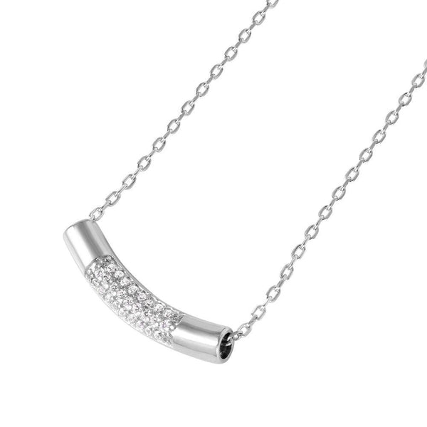 Silver 925 Rhodium Plated Macaroni Micro Pave CZ Pendant Necklace
