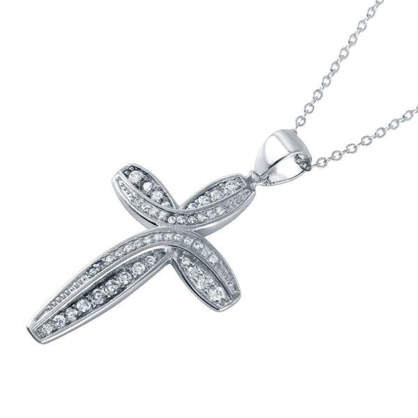 Silver 925 Rhodium Plated CZ Rounded Cross Pendant Necklace