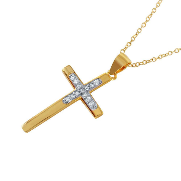Silver 925 Rhodium Plated CZ Inlay Gold Plated Cross Pendant Necklace