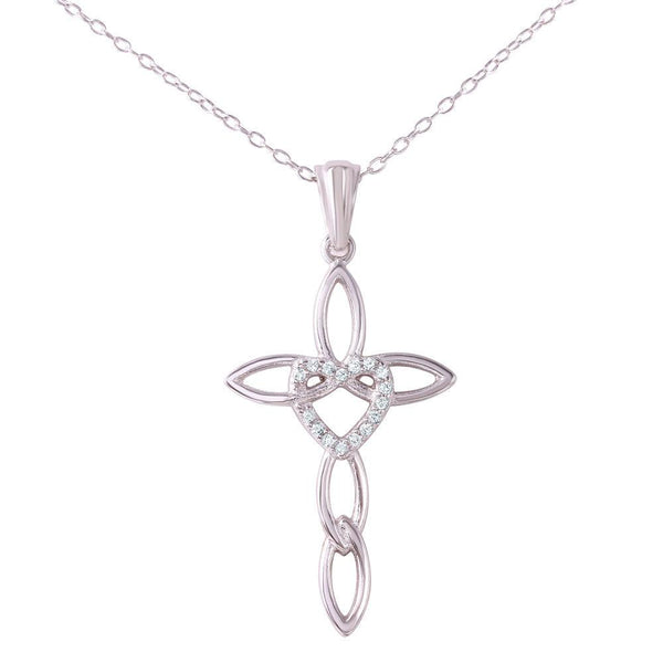 Silver 925 Rhodium Plated CZ Rounded Heart and Cross Pendant Necklace
