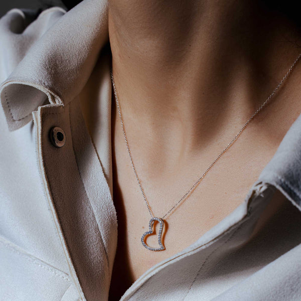 Rhodium Plated 925 Sterling Silver Crooked Heart Necklace with CZ