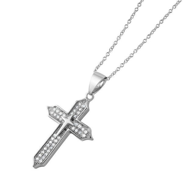 Silver 925 Rhodium Plated Double Cross CZ Pendant Necklace