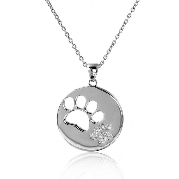 Silver 925 Rhodium Plated Cut Out and CZ Paw Necklace