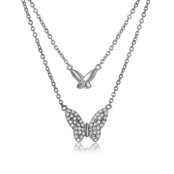 Silver 925 Rhodium Plated Double Butterfly Necklace with CZ