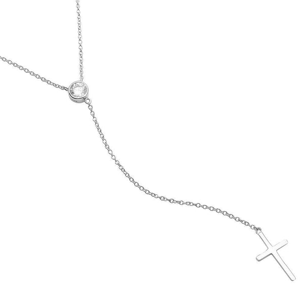 Silver 925 Rhodium Plated Single CZ Stone with Drop Cross Necklace
