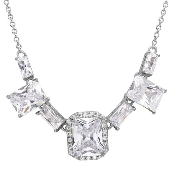 Silver 925 Rhodium Plated Square Halo Center 7 CZ Necklace