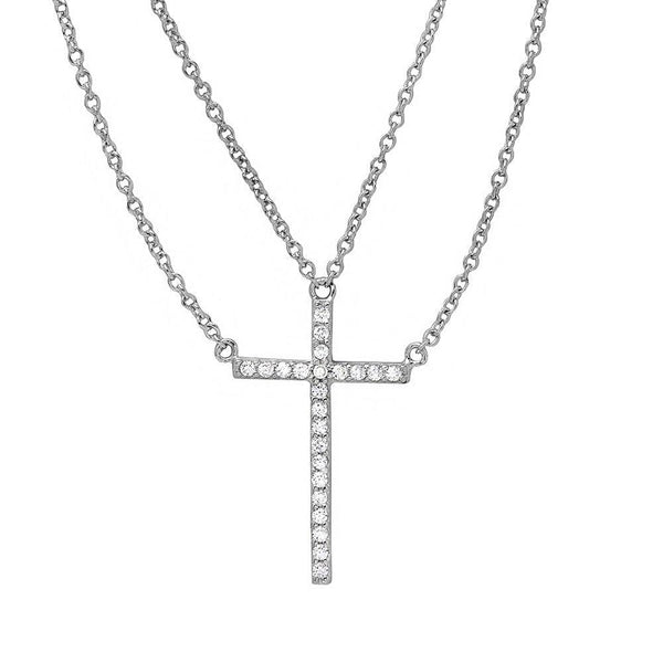 Rhodium Plated 925 Sterling Silver Multi Chain CZ Cross Necklace