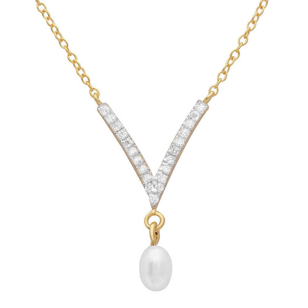 Silver 925 Gold Plated V Shape CZ Necklace with Hanging Fresh Water Pearl