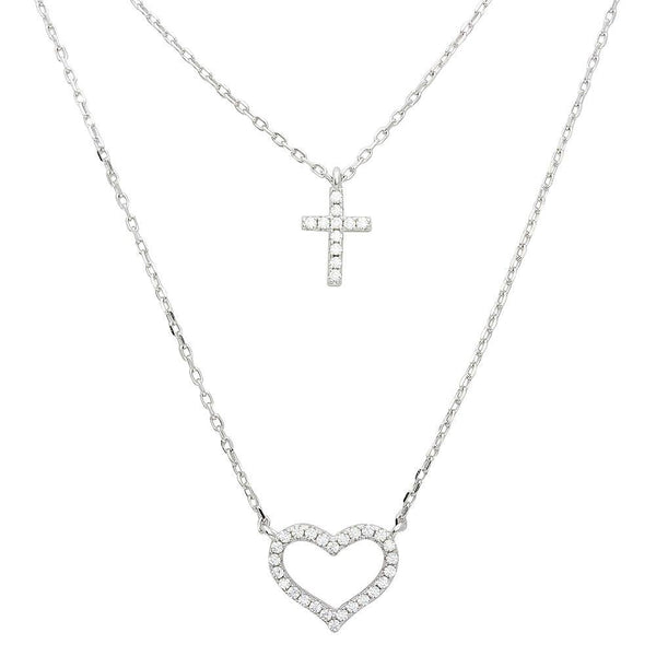 Rhodium Plated 925 Sterling Silver Double Chain CZ Cross and CZ Open Heart Necklace