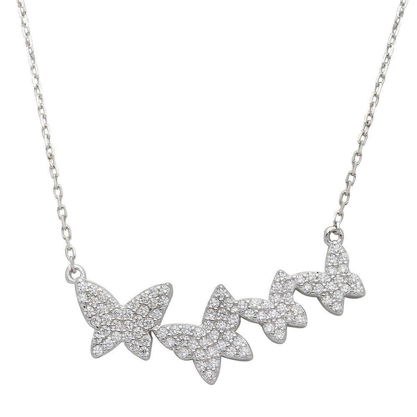 Rhodium Plated 925 Sterling Silver Graduated CZ Encrusted Butterfly Necklace