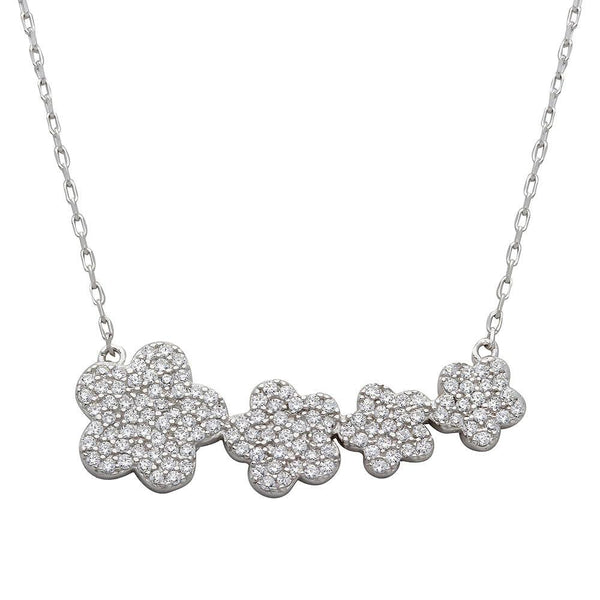 Rhodium Plated 925 Sterling Silver 4 Graduated CZ Encrusted Flower Necklace