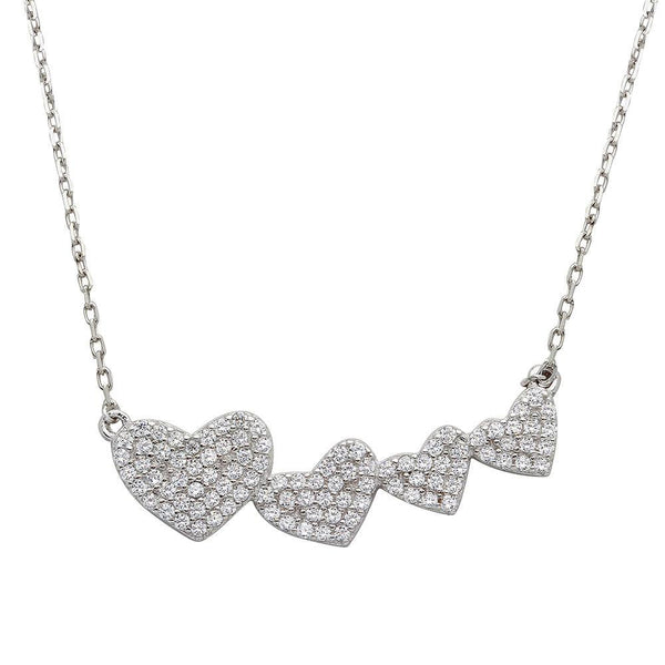 Rhodium Plated 925 Sterling Silver 4 Graduated CZ Encrusted Heart Necklace