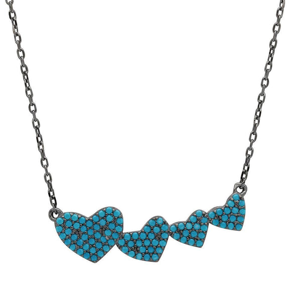 Black Rhodium Plated 925 Sterling Silver 4 Graduated Turquoise Encrusted Heart Necklace