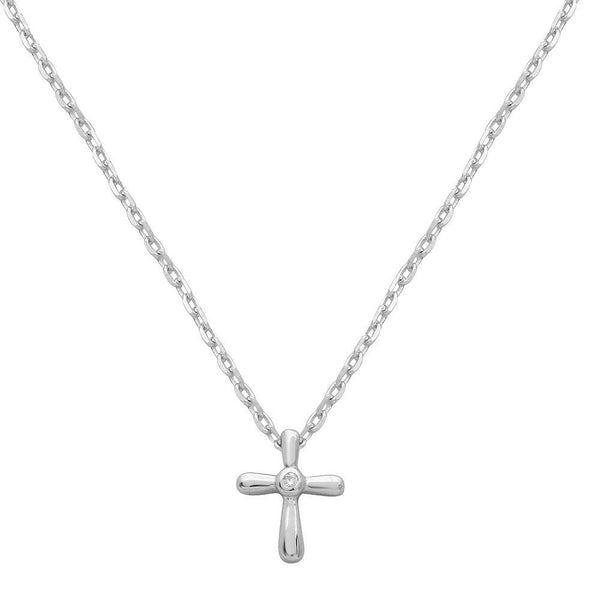 Rhodium Plated 925 Sterling Silver Small Cross with CZ Necklace