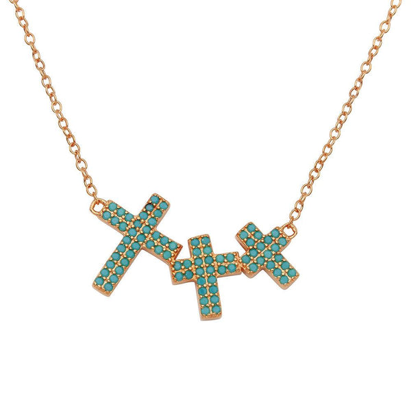 Rose Gold Plated 925 Sterling Silver Side By Side 3 Crosses Turquoise Stones Necklace