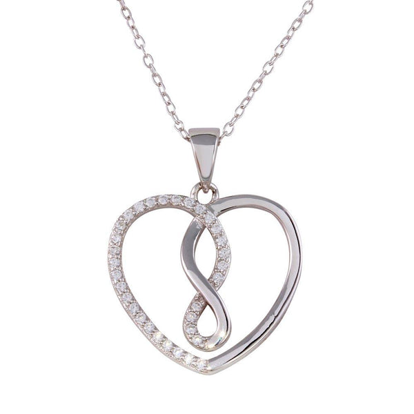 Rhodium Plated 925 Sterling Silver Open Heart Infinity Pendant Necklace with CZ