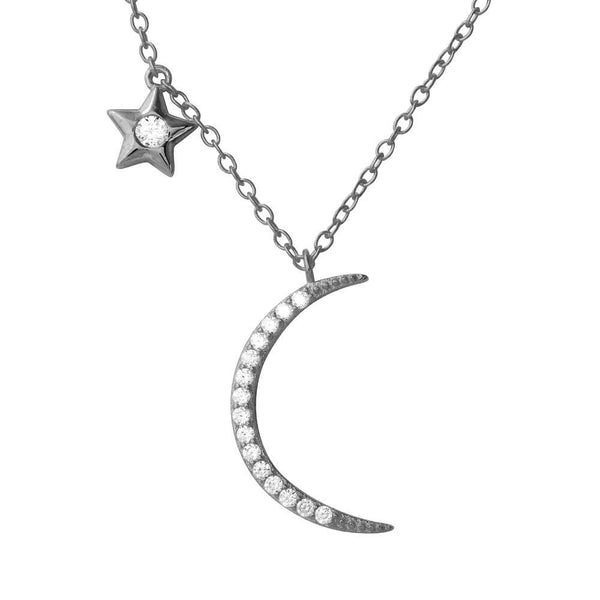Rhodium Plated 925 Sterling Silver CZ Star and Crecsent Moon Necklace