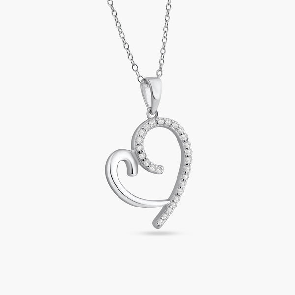 Rhodium Plated 925 Sterling Silver Curved Open Heart CZ Necklace