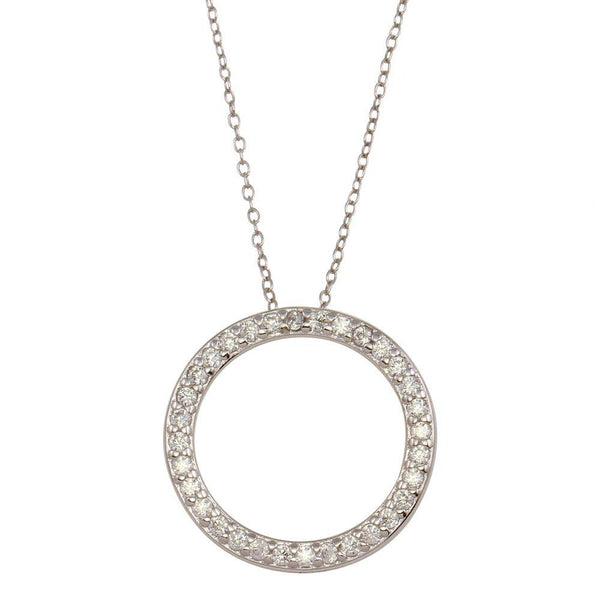 Rhodium Plated 925 Sterling Silver Circle Pendant Necklace with CZ