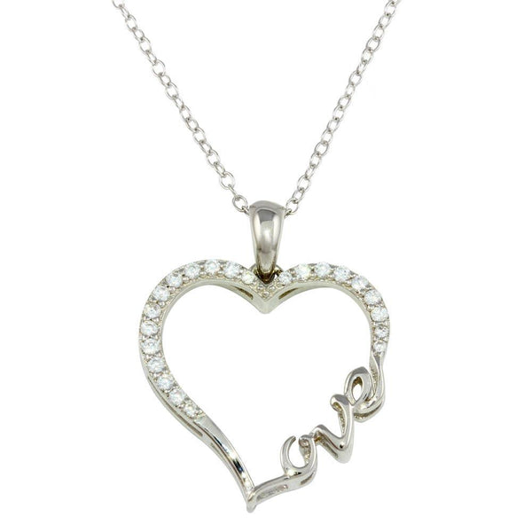 Rhodium Plated 925 Sterling Silver Heart and Love Word Necklace with CZ