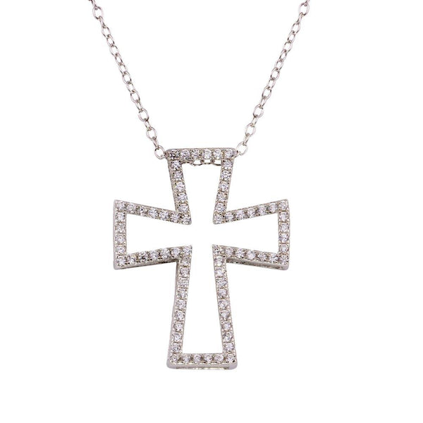 Rhodium Plated 925 Sterling Silver Open Cross Necklace with CZ