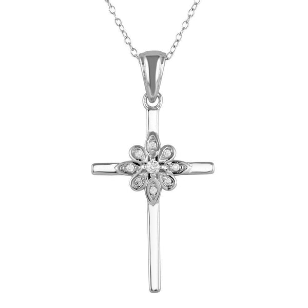 Rhodium Plated 925 Sterling Silver Cross and Flower Pendant Necklace with CZ