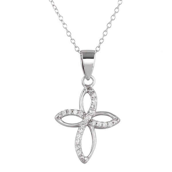 Rhodium Plated 925 Sterling Silver Open Cross Pendant Necklace with CZ