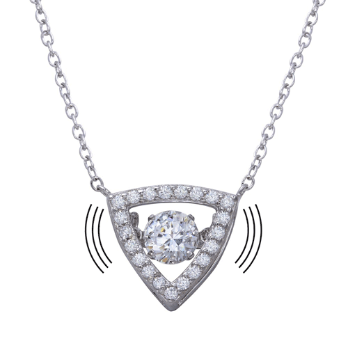 Rhodium Plated 925 Sterling Silver Open Triangle Pendant Necklace with Dancing CZ