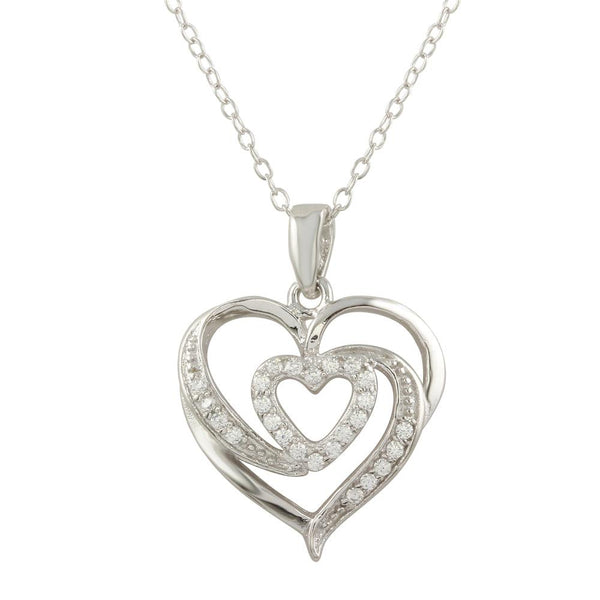 Rhodium Plated 925 Sterling Silver Heart Pendant Necklace with CZ