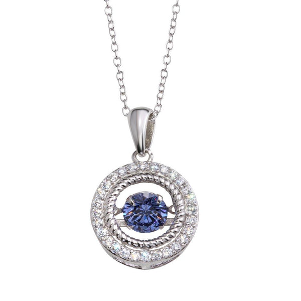 Rhodium Plated 925 Sterling Silver Open Pendant Necklace with Blue Dancing CZ