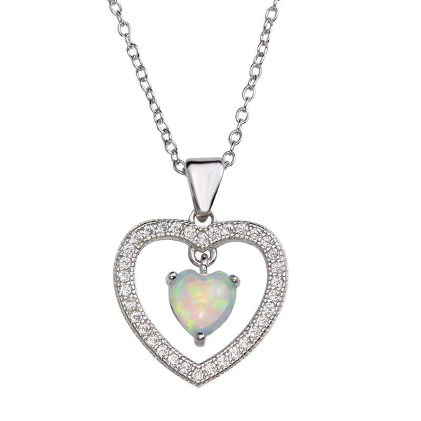 Rhodium Plated 925 Sterling Silver Open Heart Pendant Necklace with Synthetic Opal and CZ