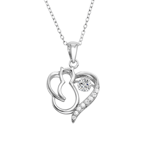 Rhodium Plated 925 Sterling Silver Cat Heart Necklace with Dancing CZ