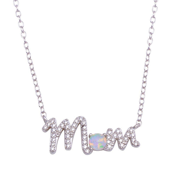 Rhodium Plated 925 Sterling Silver Round MOM CZ Synthetic Opal Necklace