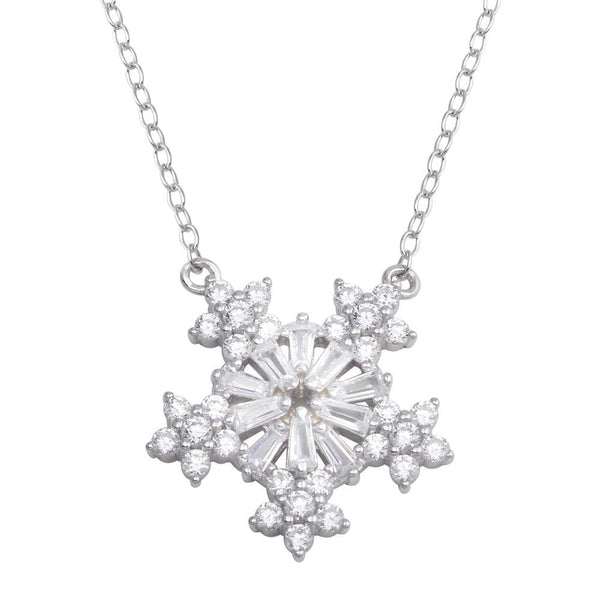 Rhodium Plated 925 Sterling Silver Snow Flakes CZ Necklace