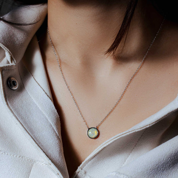 Rhodium Plated 925 Sterling Silver Disc Synthetic Opal Necklace with CZ