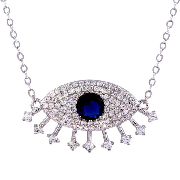 Rhodium Plated 925 Sterling Silver Large Evil Eye Pendant Necklace with Clear and Blue CZ