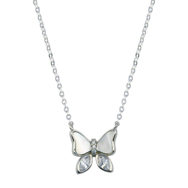 Rhodium Plated 925 Sterling Silver Butterfly CZ Mother of Pearl Necklace
