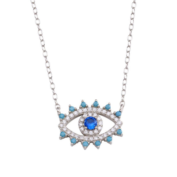 Rhodium Plated 925 Sterling Silver Evil Eye Blue CZ Necklace