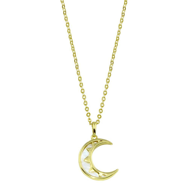 Gold Plated 925 Sterling Silver CZ Synthetic Mother of Pearl Crescent Moon Necklace