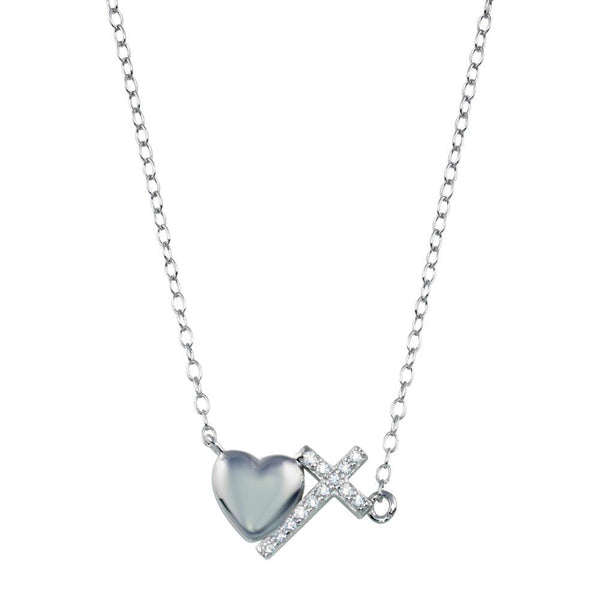 Rhodium Plated 925 Sterling Silver Heart Cross Necklace