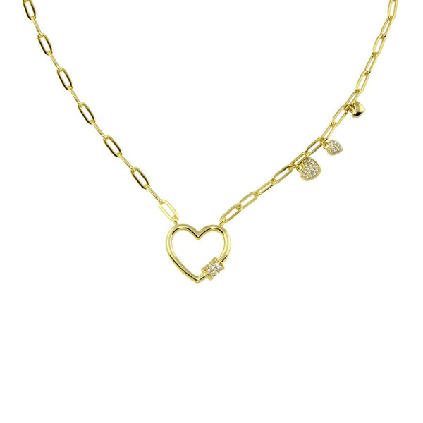 Gold Plated 925 Sterling Silver Heart CZ  Paperclip Necklace