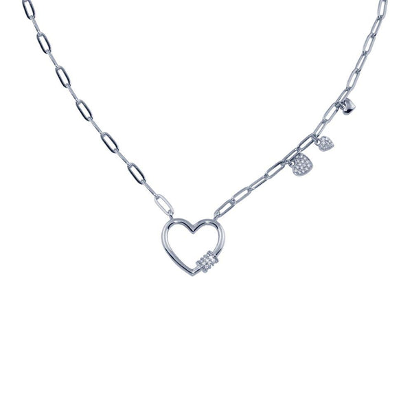 Rhodium Plated 925 Sterling Silver Heart CZ  Paperclip Necklace