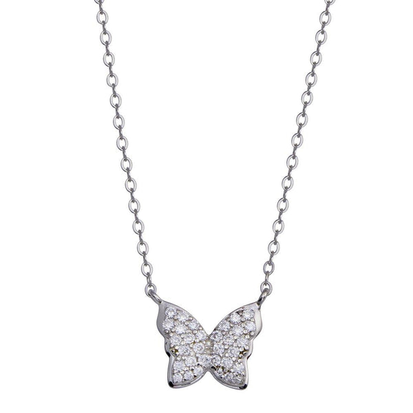 Rhodium Plated 925 Sterling Silver Butterfly CZ Necklace