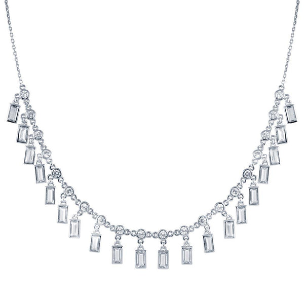 Rhodium Plated 925 Sterling Silver Dangling Baguette and Round CZ Necklace