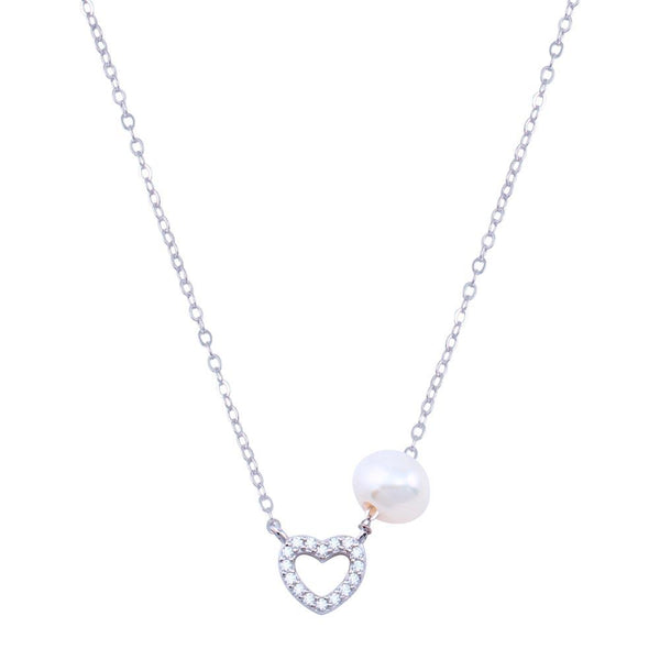 Rhodium Plated 925 Sterling Silver Fresh Water Pearl Heart Charm Clear CZ Necklace
