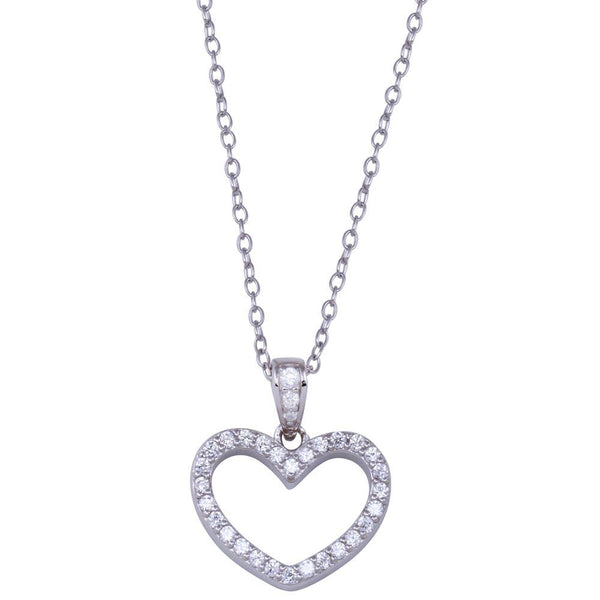 Rhodium Plated 925 Sterling Silver Heart Clear CZ Necklace