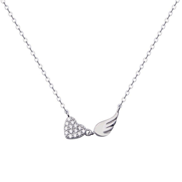 Rhodium Plated 925 Sterling Silver Wing Heart Clear CZ Adjustable Necklace